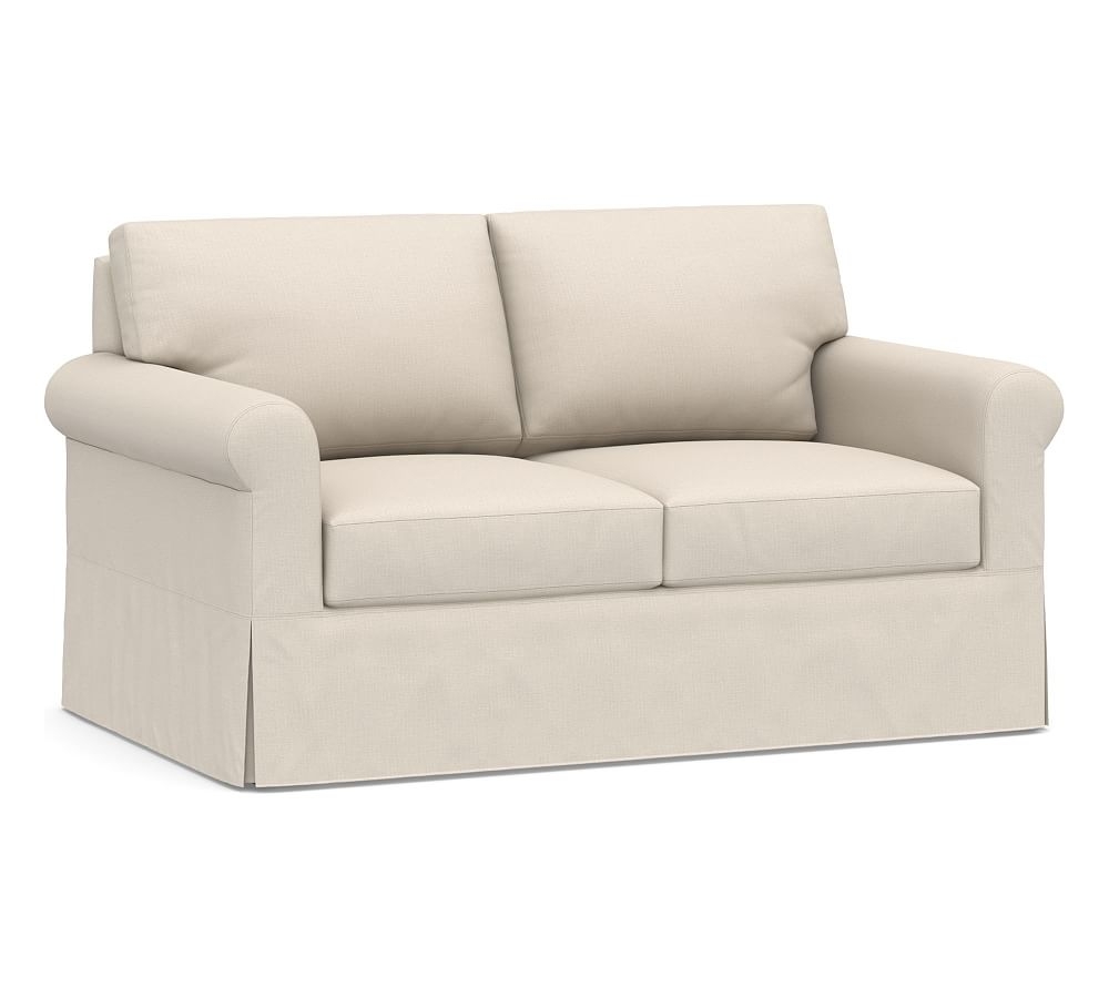 York Roll Arm Slipcovered Loveseat 72.5", Down Blend Wrapped Cushions, Performance Brushed Basketweave Oatmeal - Image 0