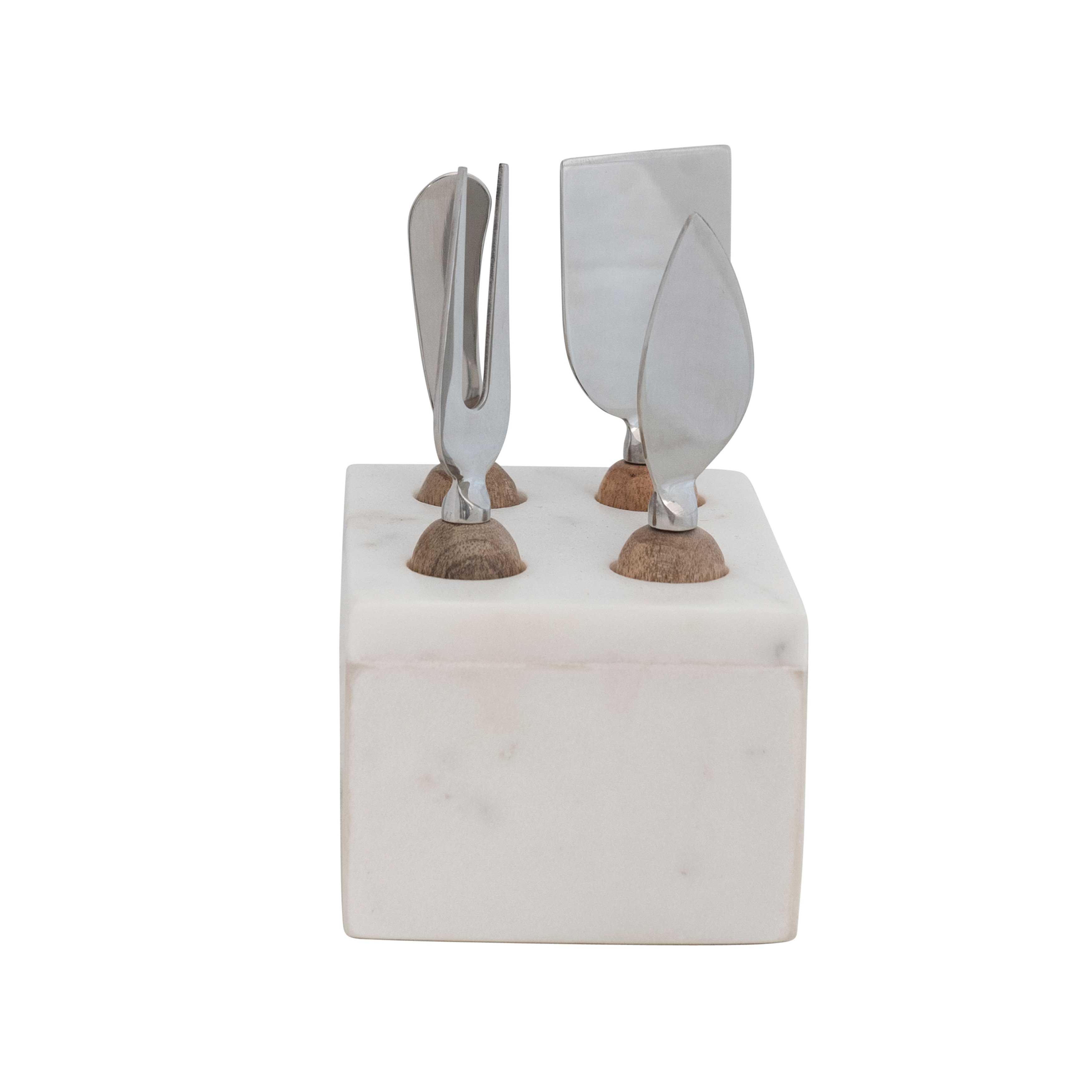 Modern Stainless Steel Cheese Servers with Wood Handles and Marble Stand - Image 0