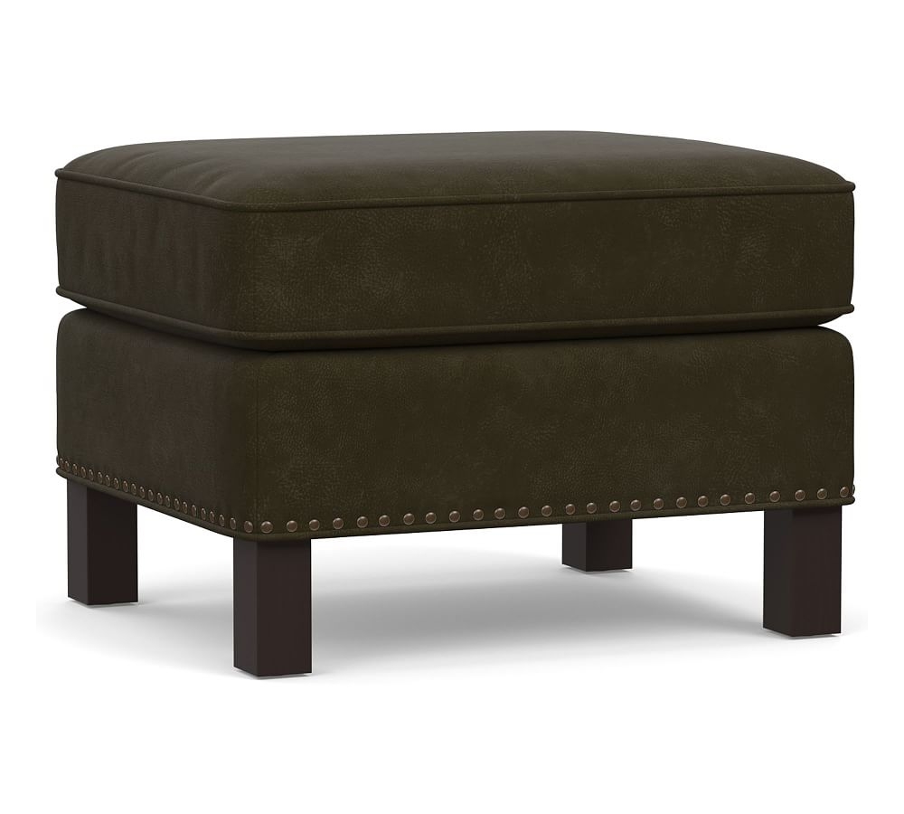 Tyler Leather Ottoman with Nailheads, Polyester Wrapped Cushions, Aviator Blackwood - Image 0