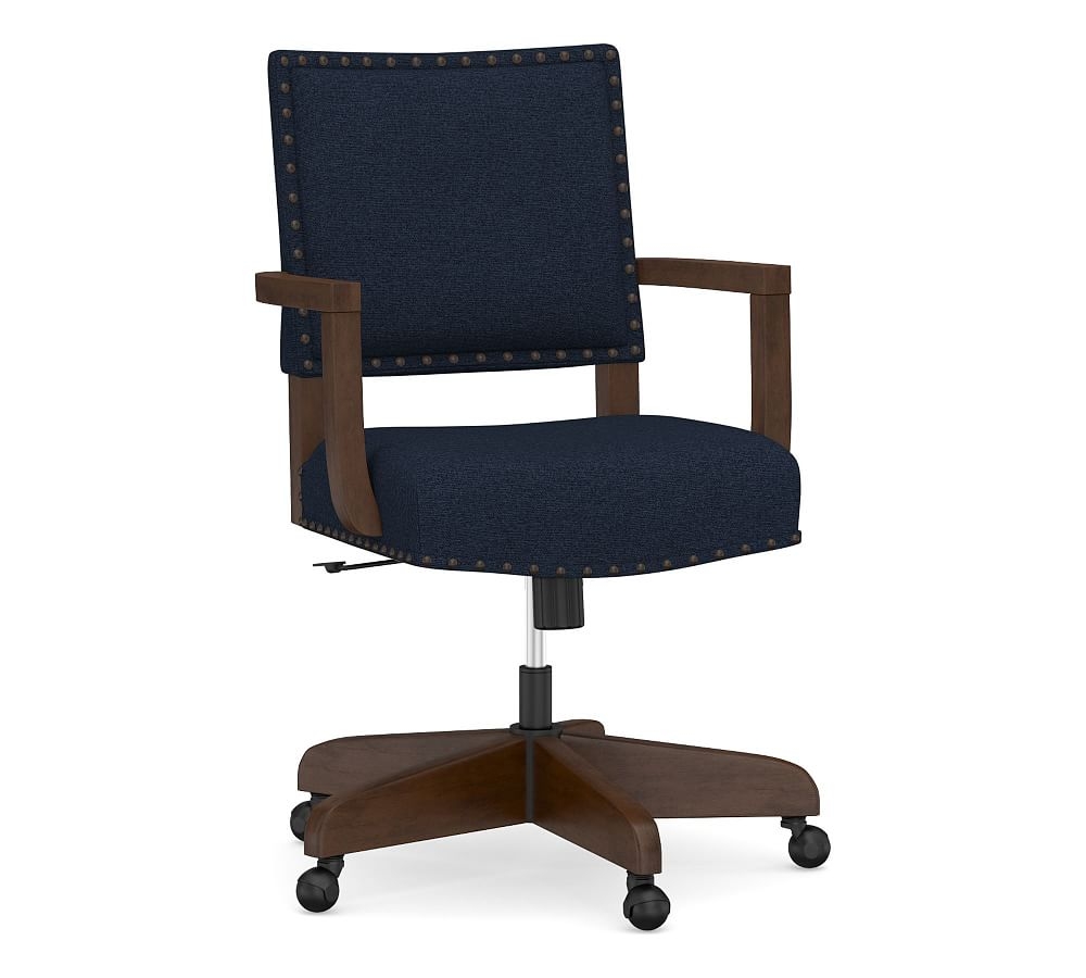 Manchester Upholstered Swivel Desk Chair with Espresso Base and Antique Brown Nailheads, Performance Heathered Basketweave Navy - Image 0