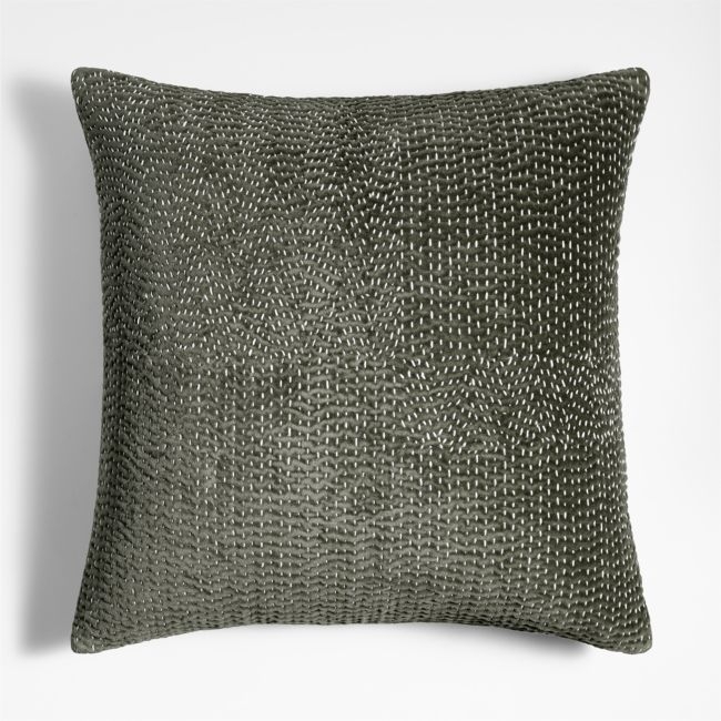 Sashiko Organic Cotton Velvet 20"x20" Burnt Green Throw Pillow Cover - Image 0