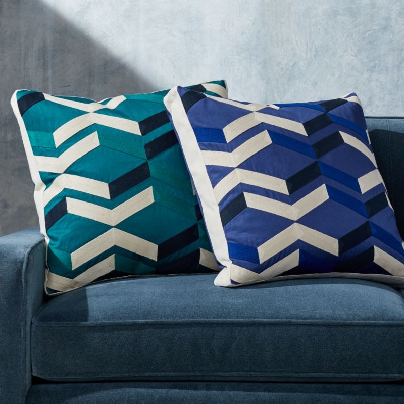 Pattern Teal Box Pillow with Feather-Down Insert 20" - Image 3