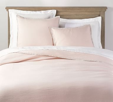 Belgian Flax Linen Contrast Flange Duvet Cover, Twin/Twin XL, Soft Rose/Flax - Image 0