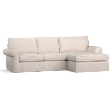 Pearce Roll Arm Slipcovered Right Arm Sofa with Double Wide Chaise Sectional, Down Blend Wrapped Cushions, Performance Brushed Basketweave Chambray - Image 2