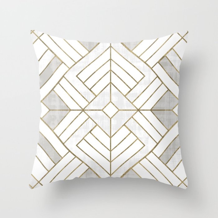 Lennox Vintage Deco - White & Gold Throw Pillow by Crystal W Design - Cover (24" x 24") With Pillow Insert - Indoor Pillow - Image 0