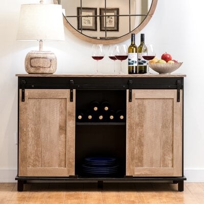 Modern Industrial Black Wine Bar Cabinet With Natural Top And Sliding Doors. - Image 0