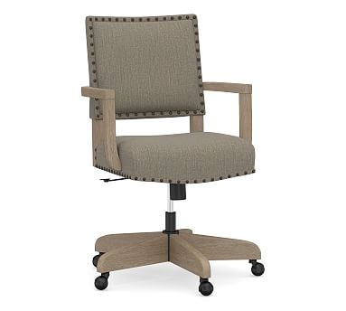 Manchester Upholstered Swivel Desk Chair with Seadrift Base and Antique Brown Nailheads, Chenille Basketweave Taupe - Image 0