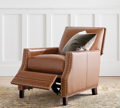 Brixton Square Arm Leather Recliner with Bronze Nailheads, Down Blend Wrapped Cushions, Vintage Caramel - Image 2