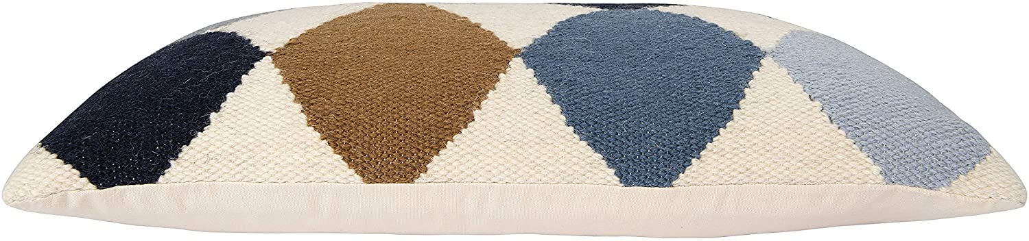 Wool Blend Lumbar Pillow with Pattern, Off-White, Blue & Brown, 26" x 16" - Image 4