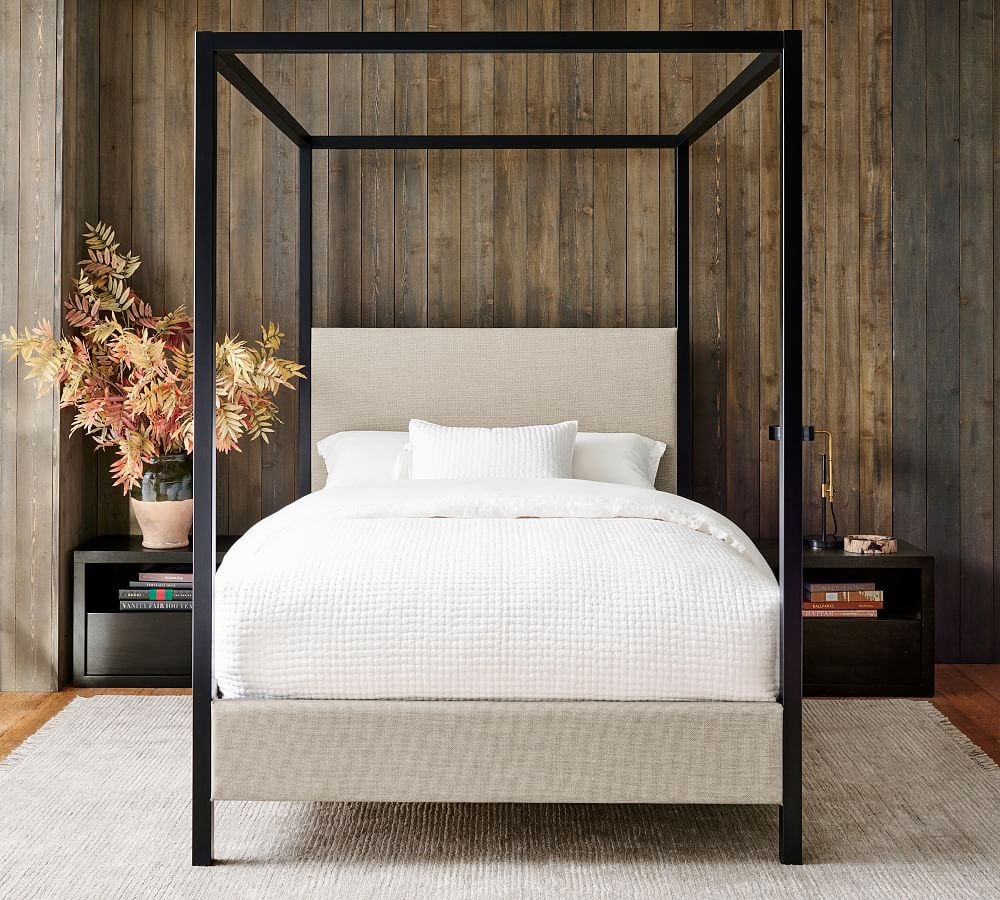 Atwell Canopy Bed, King, Matte Black, Chateau Basketweave Oatmeal - Image 0