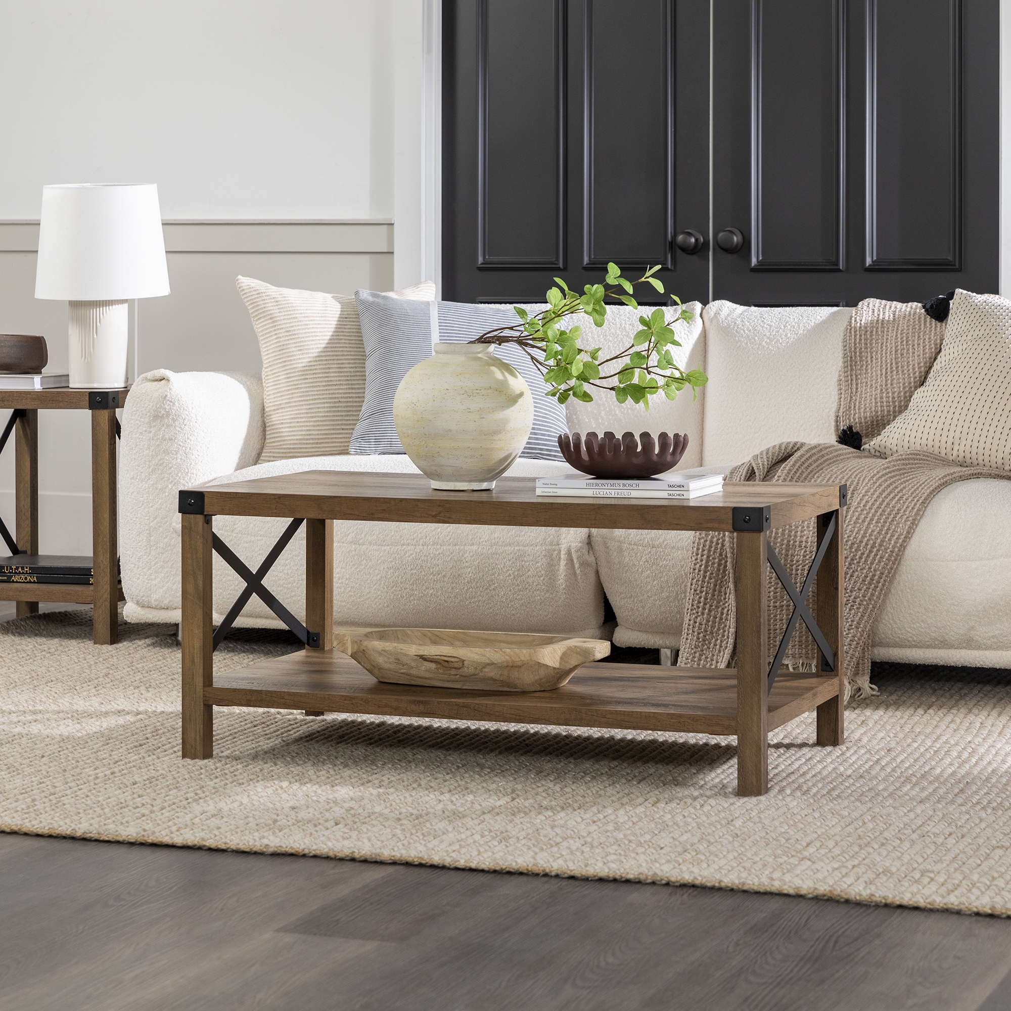 Metal X Rustic Wood Coffee Table - Rustic Oak/Black  - Image 6
