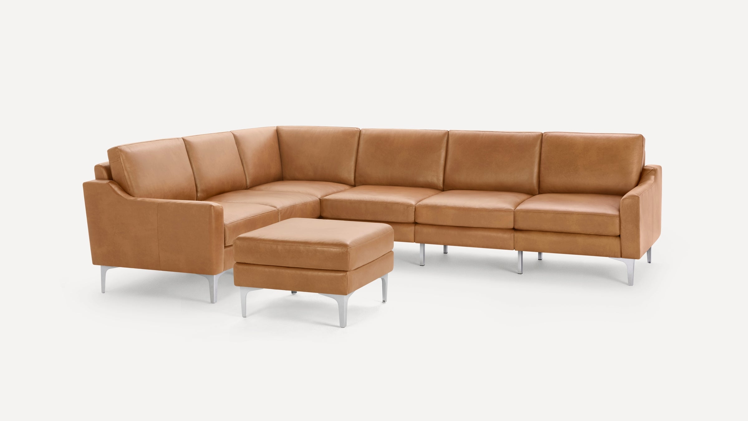 Nomad Leather 6-Seat Corner Sectional with Ottoman - Camel - Top Grain Leather / Brass - Metal / Block - Image 9