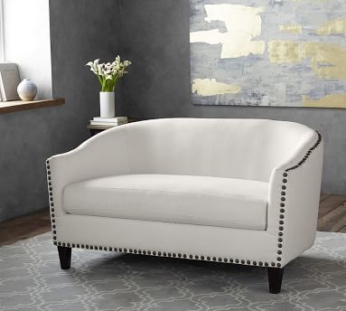 Harlow Upholstered Sofa 745" without NH, Polyester Wrapped Cushions, Performance Heathered Basketweave Navy - Image 1
