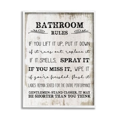 'Bathroom Rules Funny Word Wood Textured Design' Graphic Art on Canvas - Image 0