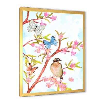 Clever Bird Sitting On Branch Of A Spring Tree - Traditional Canvas Wall Art Print-FDP35953 - Image 0