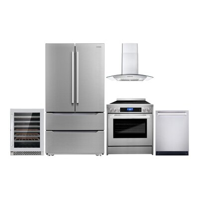 5 Piece Kitchen Package With 30" Freestanding Electric Range  30" Wall Mount Range Hood 24" Built-in Fully Integrated Dishwasher Energy Star French Door Refrigerator & 48 Bottle Wine Refrigerator - Image 0