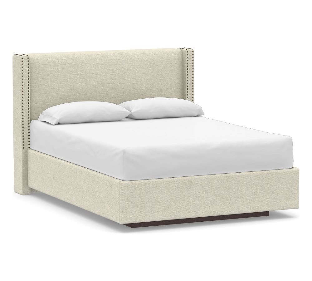 Harper Non-Tufted Upholstered Low Headboard with Footboard Storage Platform Bed with Bronze Nailheads, Queen, Performance Heathered Basketweave Alabaster White - Image 0