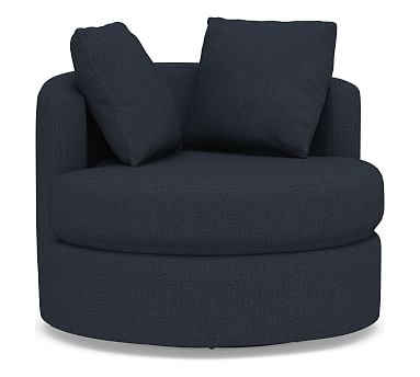 Balboa Upholstered Swivel Armchair, Standard Cushions, Performance Brushed Basketweave Indigo - Image 0