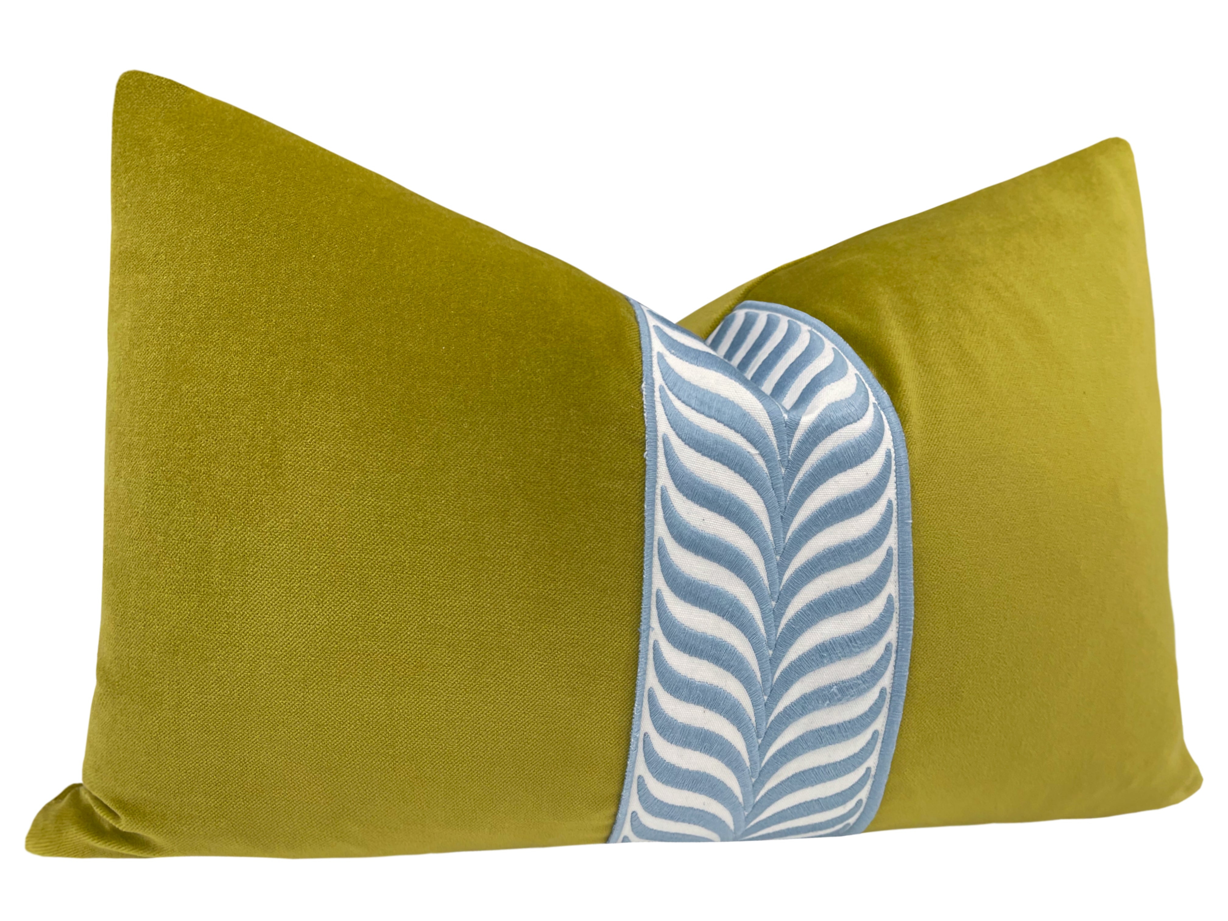 THE LITTLE LUMBAR :: CLASSIC VELVET // CHARTREUSE + TRELLIS TRIM // POWDER BLUE - LITTLE LUMBAR 12" X 18" - Image 1