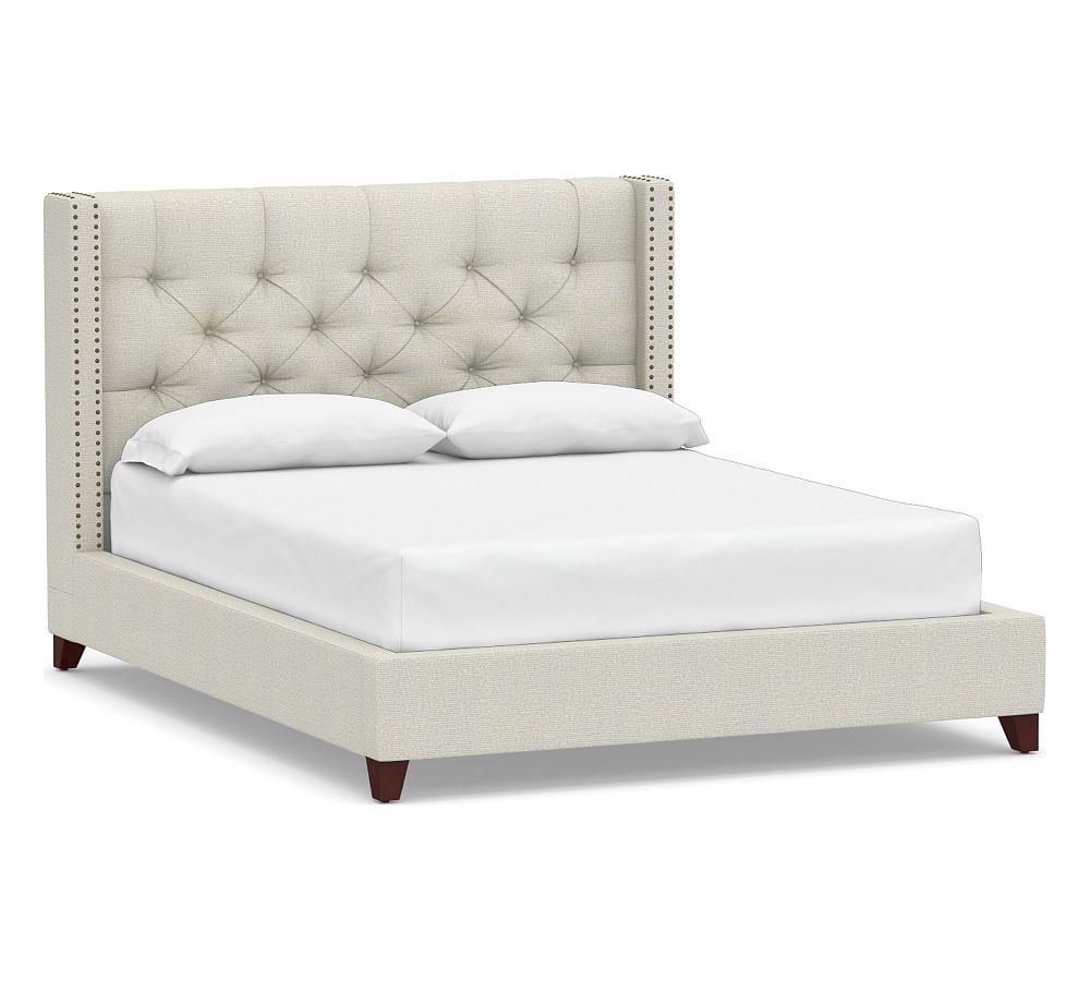 Harper Tufted Upholstered Low Bed with Bronze Nailheads, California King, Performance Heathered Basketweave Dove - Image 0