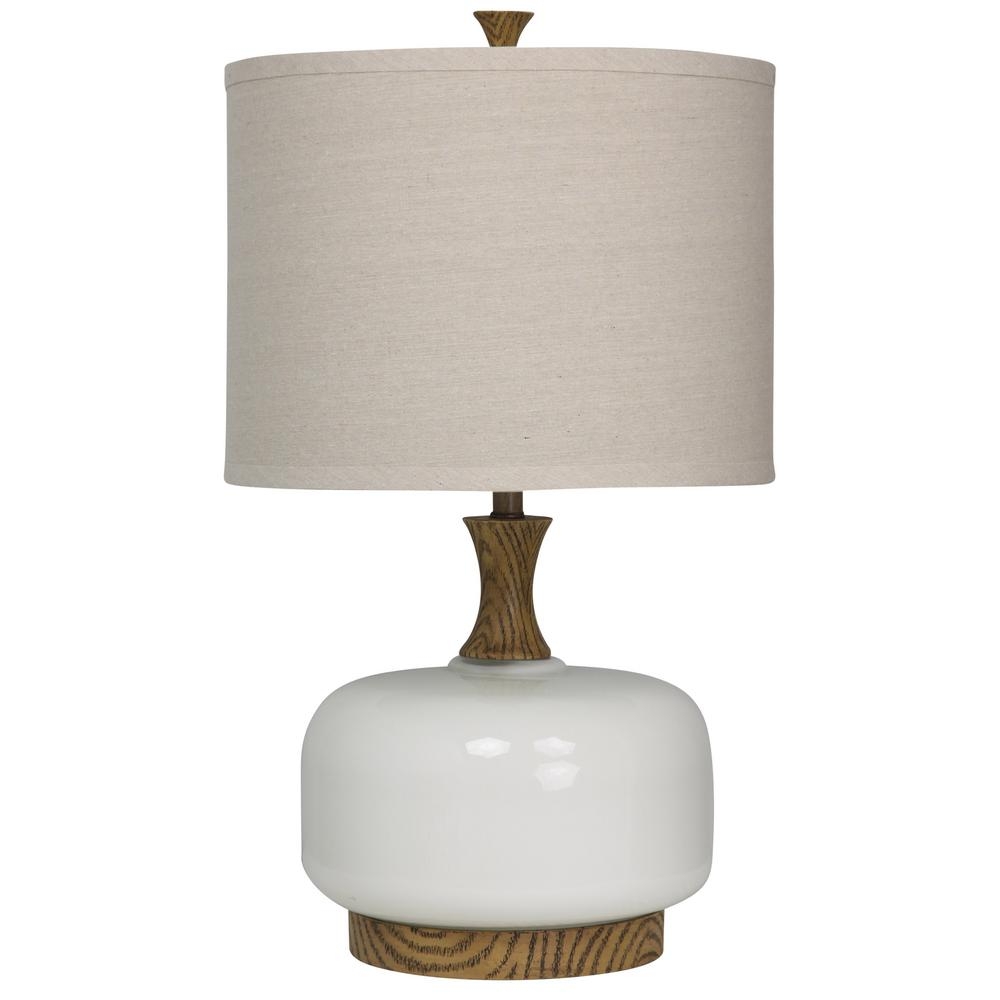 StyleCraft 30 in. Stained Wood and White Table Lamp with Beige Hardback Fabric Shade - Image 0