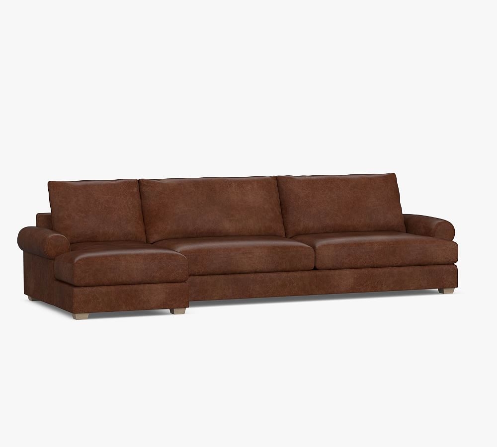 Canyon Roll Arm Leather Right Arm Sofa with Chaise Sectional, Down Blend Wrapped Cushions, Vintage Caramel - Image 0