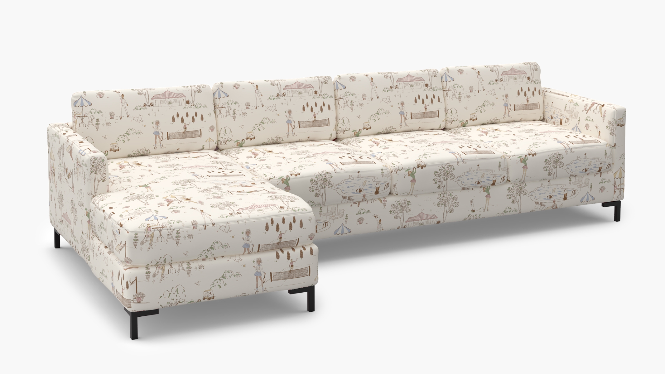 Modern Sectional, Left Facing, Multi Country Club Toile, Bronze L Leg - Image 1