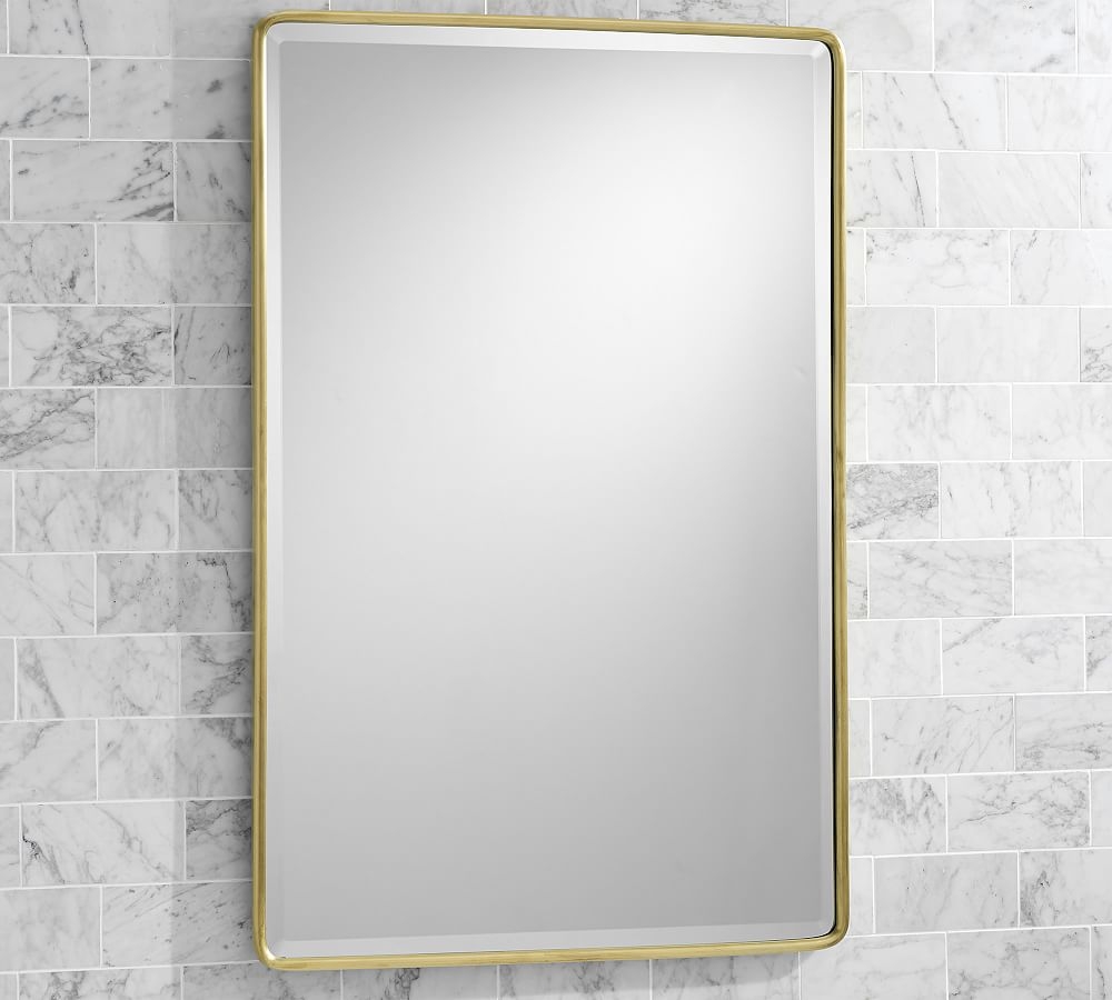 Brass Vintage Rounded Rectangular Mirror, 23x35" with French Cleat Mount - Image 0