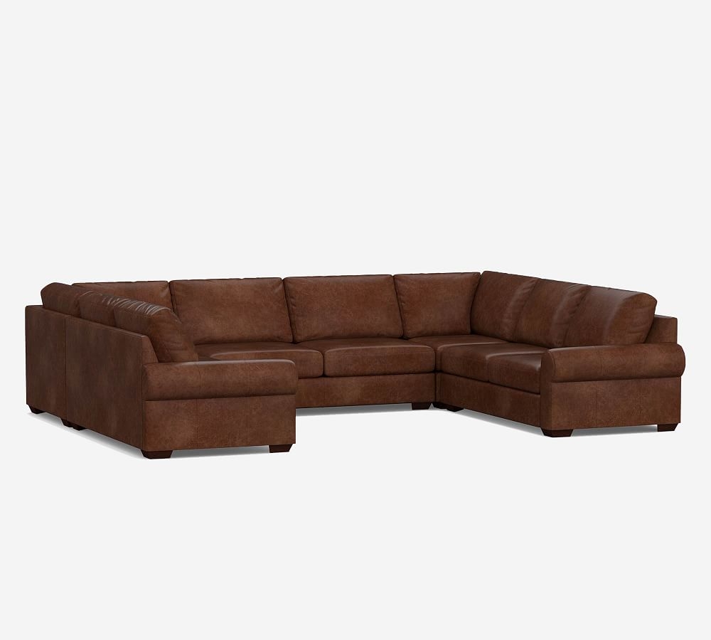 Big Sur Roll Arm Leather U-Sofa Sectional, Down Blend Wrapped Cushions, Legacy Dark Caramel - Image 0