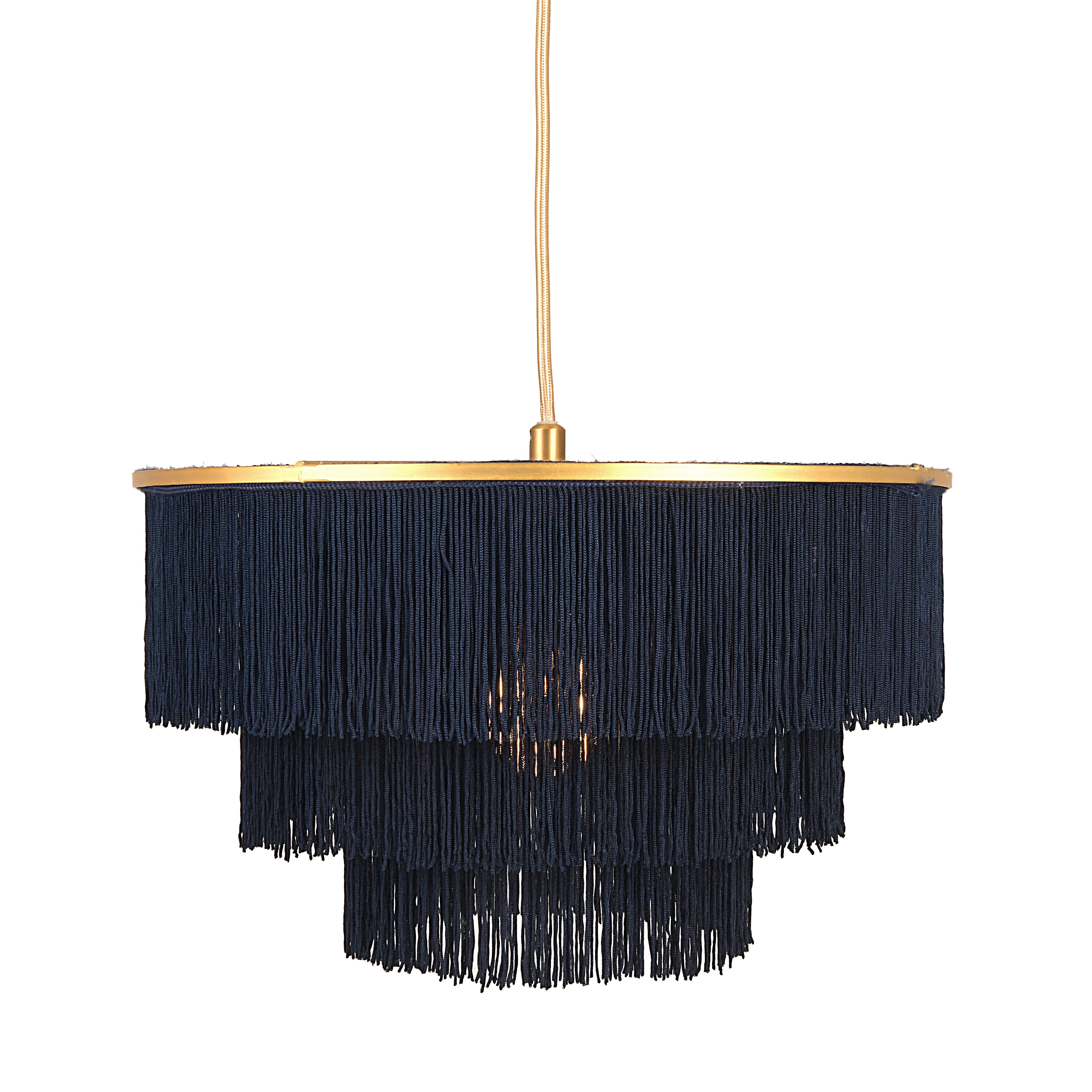 Gold Metal with 3-Tiered Navy Blue Fringe Pendant Lamp - Image 0