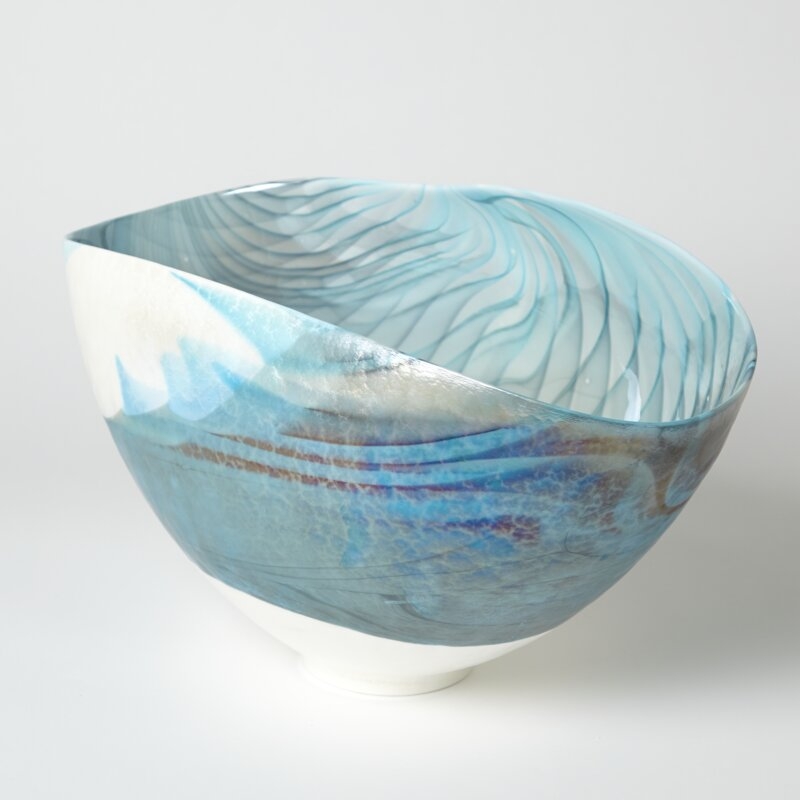 Global Views Ivory Turquoise Feather Swirl Oval Bowl-Sm - Image 0