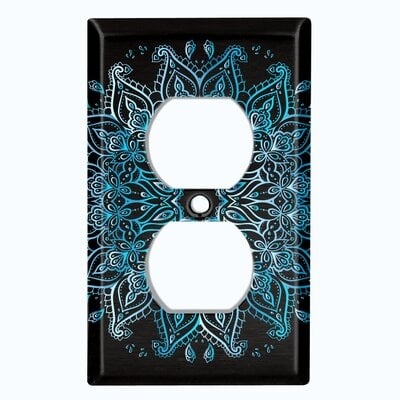 Metal Light Switch Plate Outlet Cover (Teal Frost Snowflake Mandala Black  - Single Duplex) - Image 0