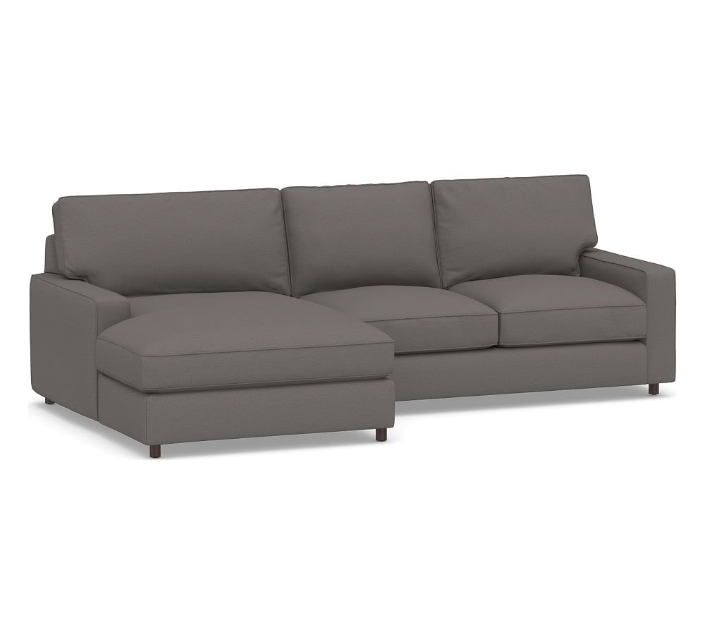 PB Comfort Square Arm Upholstered Right Arm Loveseat with Double Chaise Sectional, Box Edge Memory Foam Cushions, Sunbrella(R) Performance Slub Tweed Charcoal - Image 0