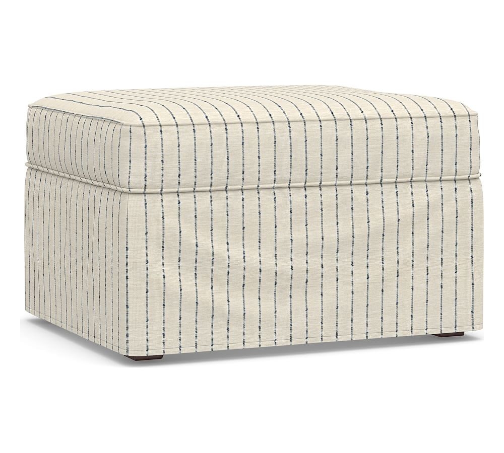 Cameron Slipcovered Ottoman, Polyester Wrapped Cushions, Slubby Pinstripe Blue - Image 0