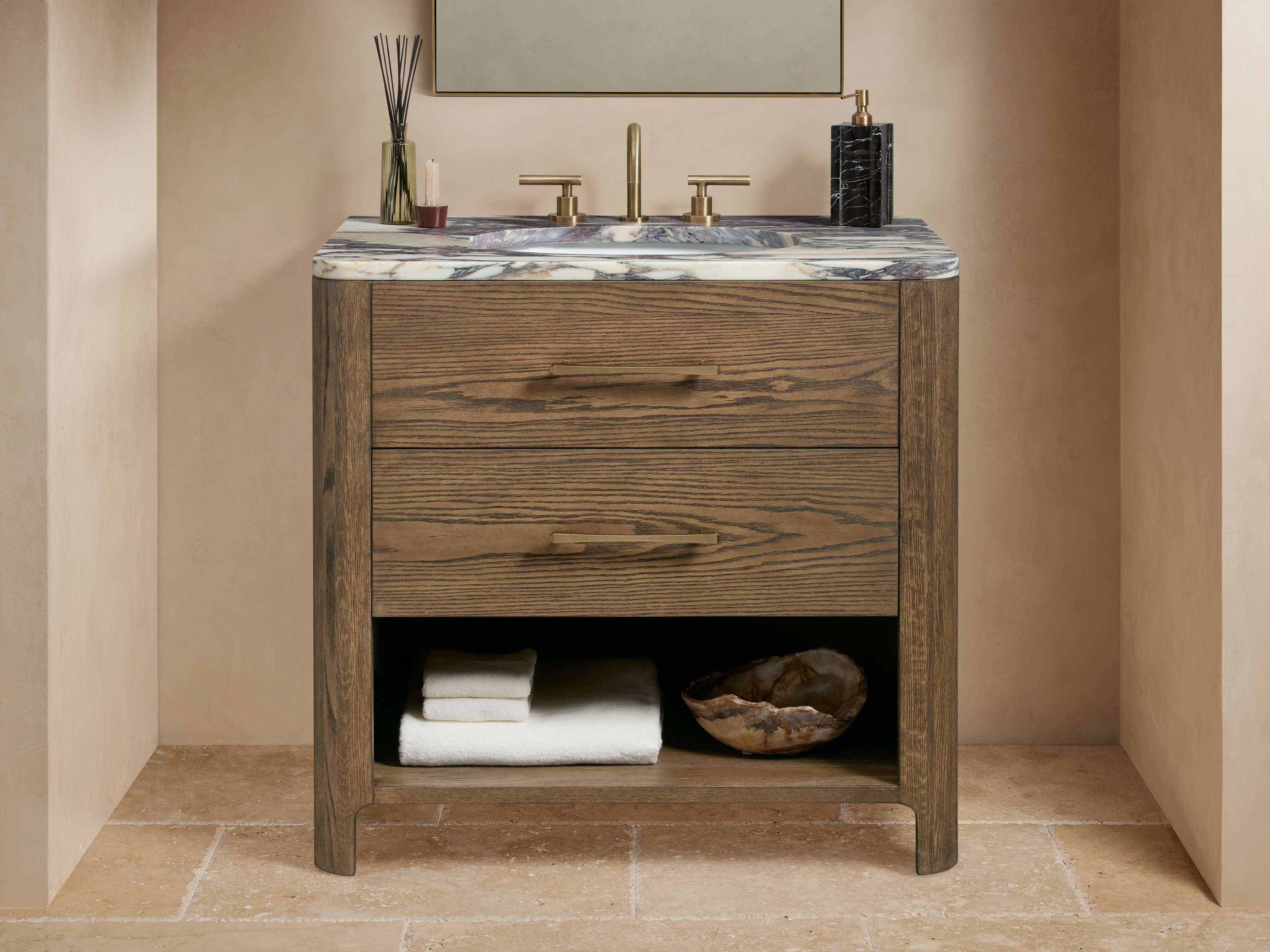 Calista Single Vanity in Wood Brown  Calacatta Viola/Cocoa Brass - Image 0