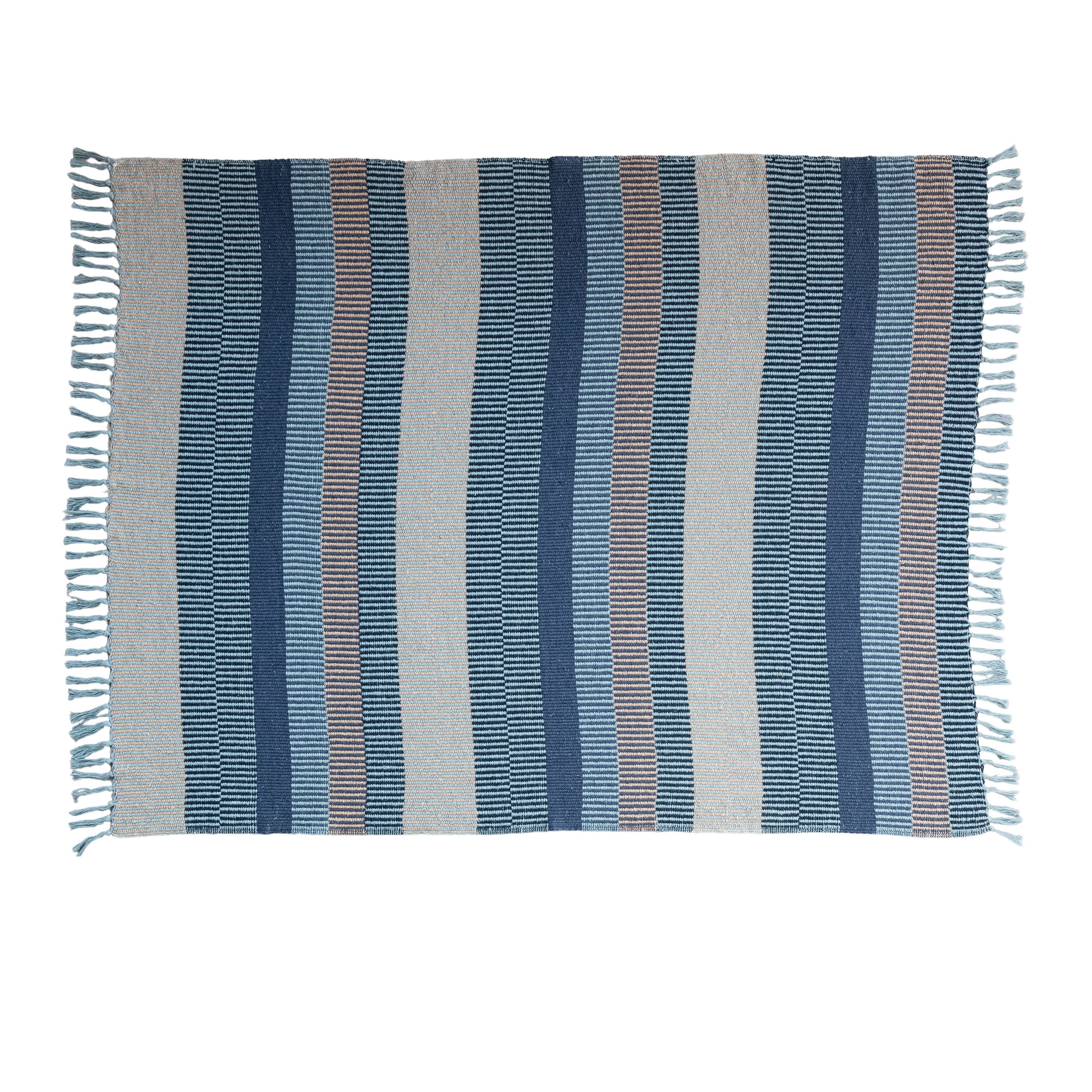Striped Cotton Blend Throw with Fringe, Blue and Cream - Image 0