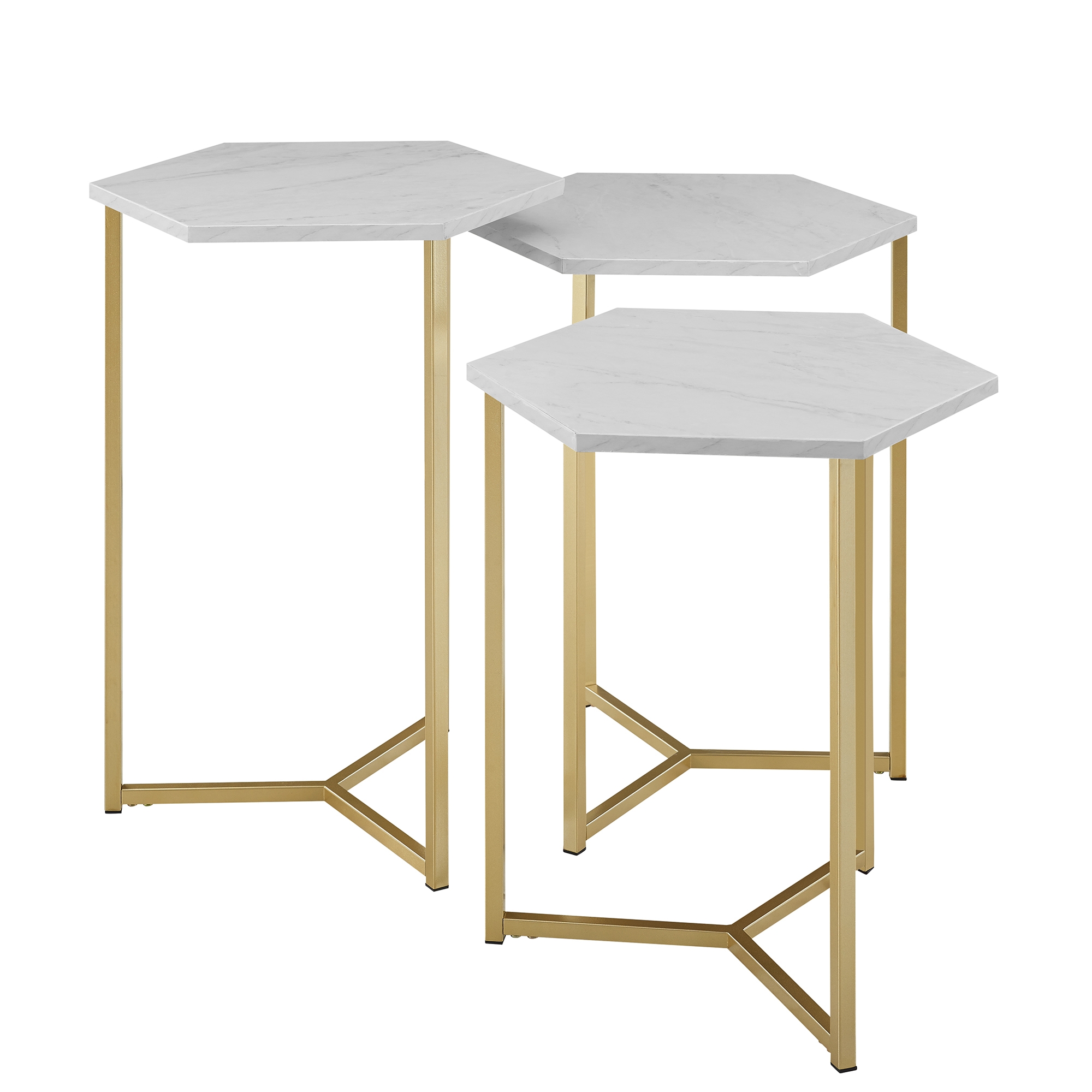 Hexagon Modern Wood Nesting Tables, Set of 3 - Faux White Marble/Gold  - Image 0