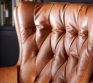 Wells Leather Swivel Armchair with Brass Base, Polyester Wrapped Cushions, Statesville Caramel - Image 1