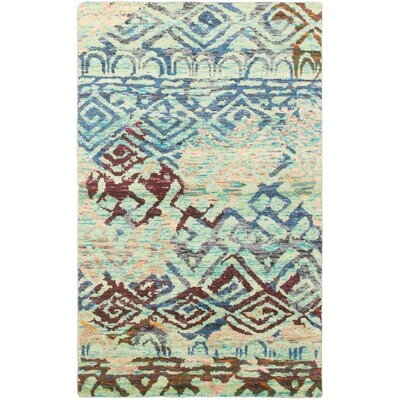 One-of-a-Kind Summey Hand-Knotted 2010s Sari Green 4'11" x 7'11" Microfiber Area Rug - Image 0