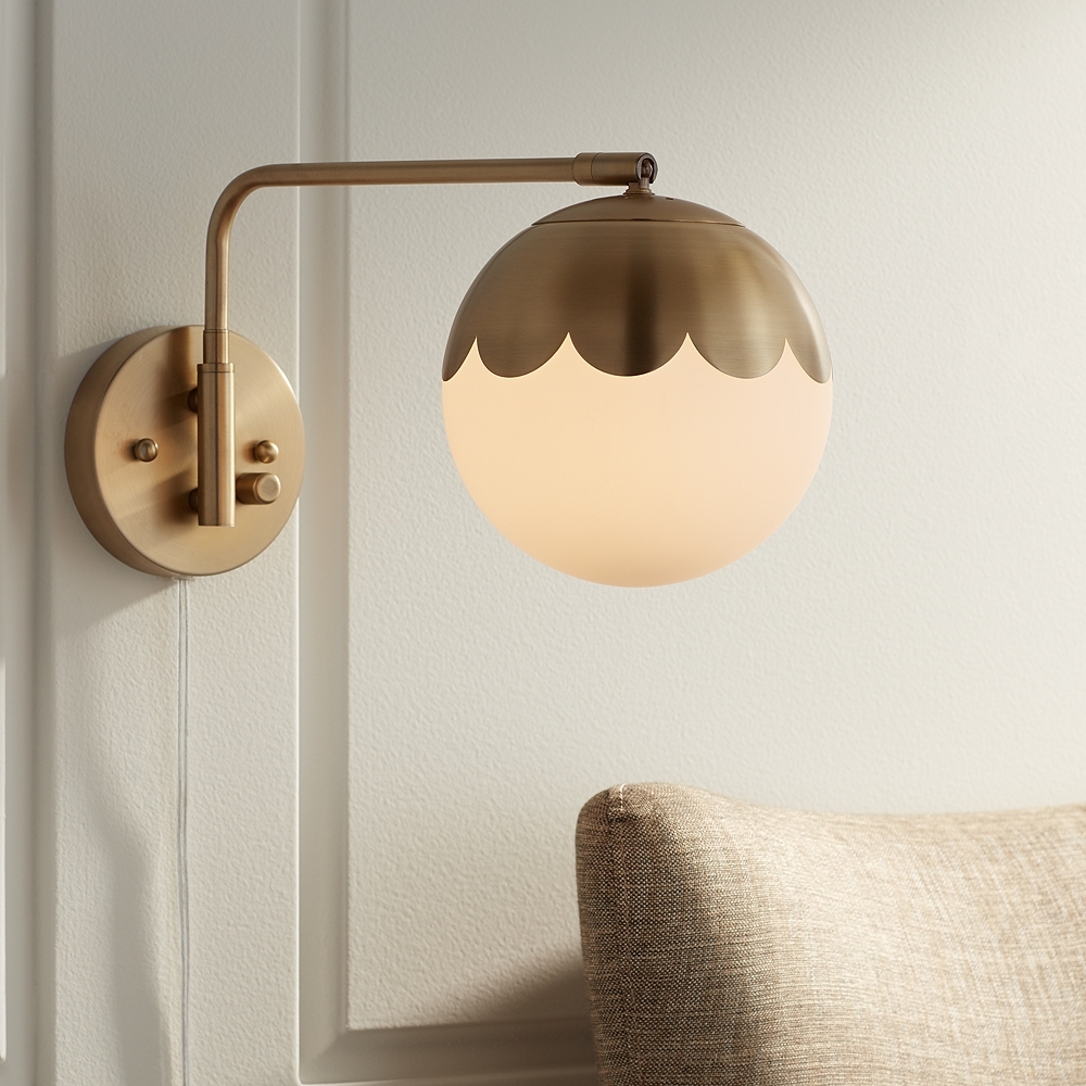 Kelowna Antique Brass Glass Globe Plug-In Swingarm Wall Lamp - Style # 76H58 - Image 1