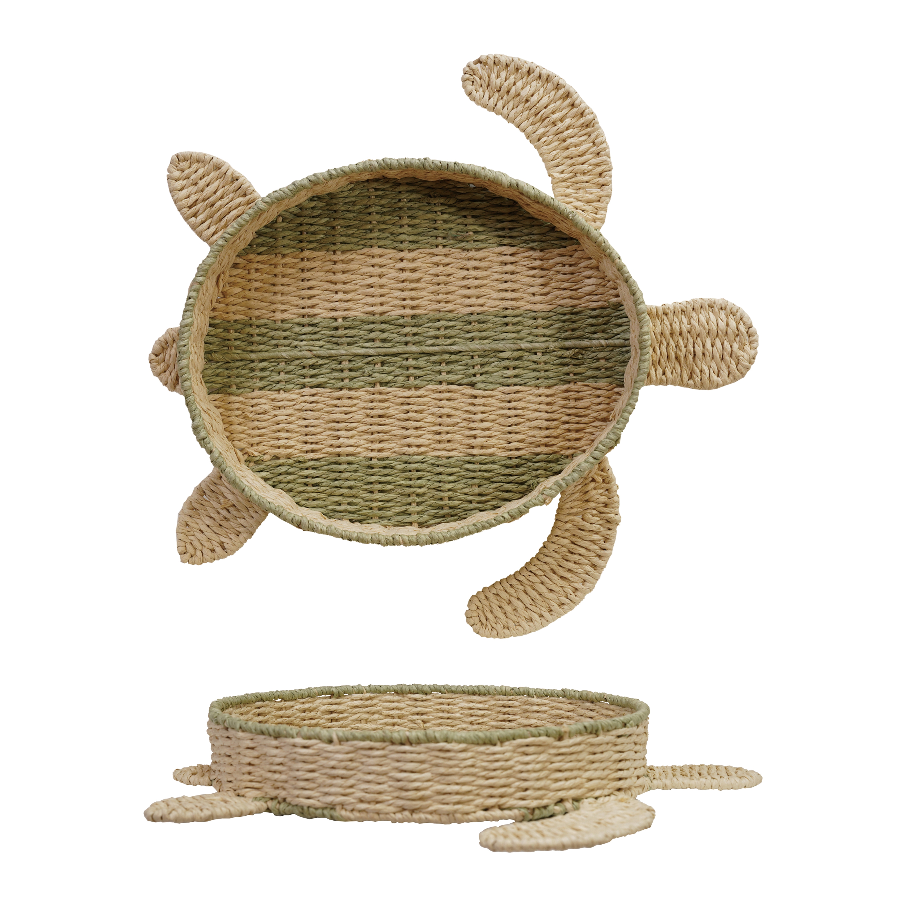 Woven Paper Rope Turtle Shaped Basket with Stripes, Natural and Green - Image 0
