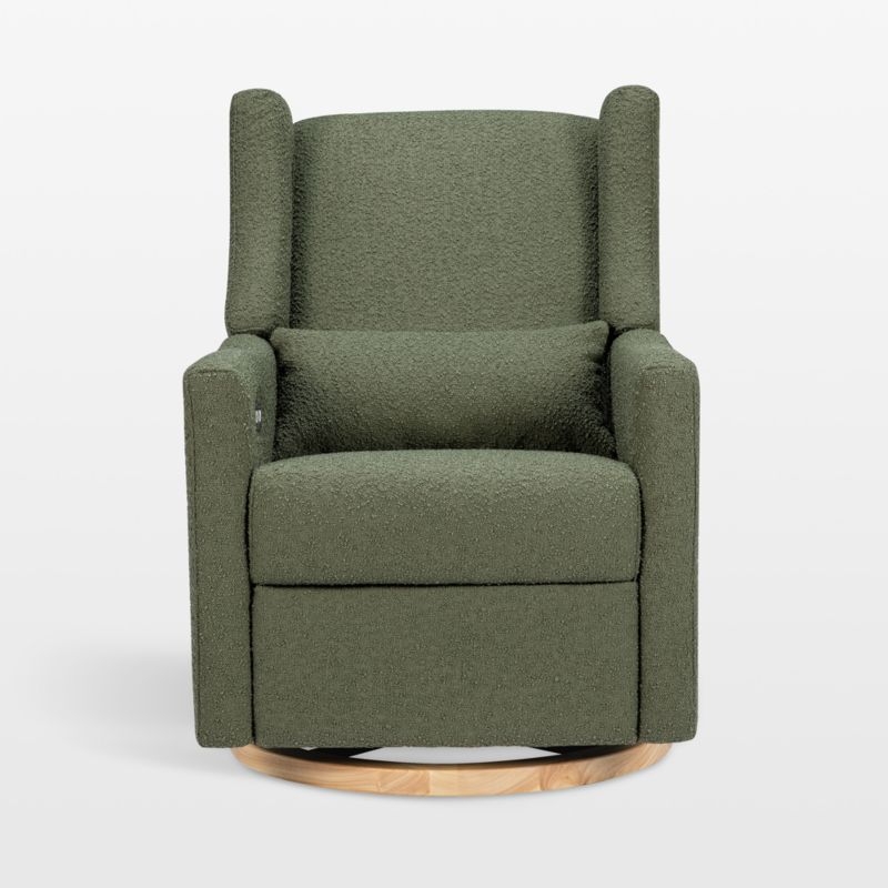 Babyletto Kiwi Olive Green Boucle Nursery Power Glider Recliner Chair with Light Wood Base - Image 5