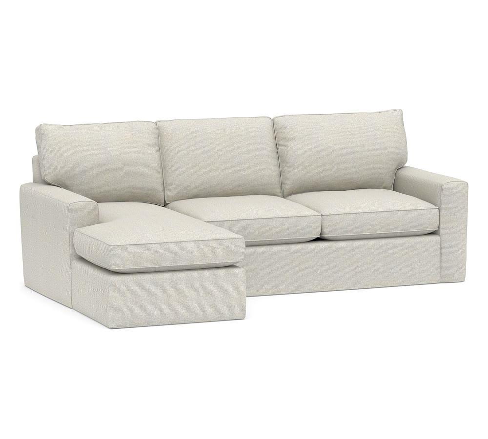 Pearce Square Arm Slipcovered Right Arm Loveseat with Chaise Sectional, Down Blend Wrapped Cushions, Performance Heathered Basketweave Dove - Image 0