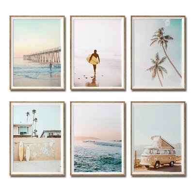Set Of 6 Unframed California Coastal Surf Wall Art Prints, Beach Sunset Wall Poster, Surfboard Wall Art - Image 0