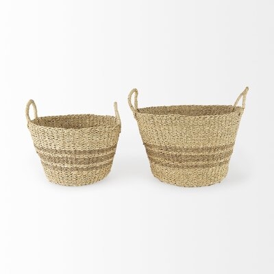 17.7L X 17.7W X 11.8H (Set Of 2) Light Brown Palm Leaf And Seagrass Round Basket W/ Handles - Image 0