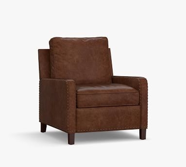 Tyler Curved Leather Recliner with Bronze Nailheads, Down Blend Wrapped Cushions, Burnished Bourbon - Image 2