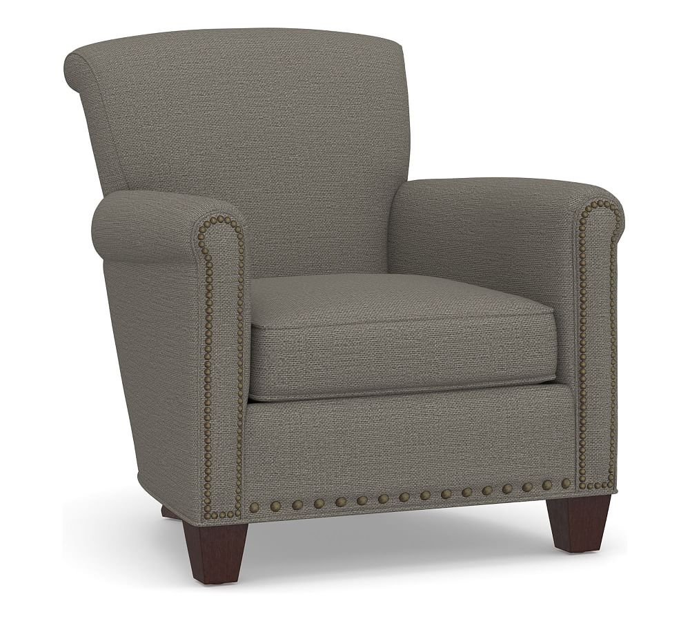 Irving Roll Arm Upholstered Armchair with Nailheads, Polyester Wrapped Cushions, Chunky Basketweave Metal - Image 0