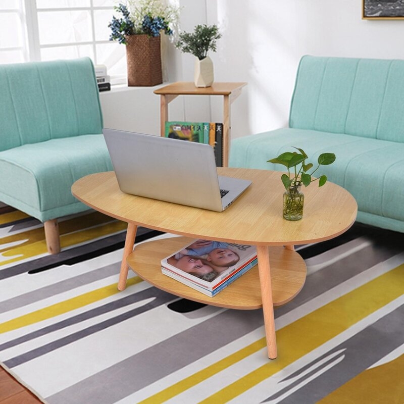 Household Oval Top Table Living Room Coffee Table Two-Story Wooden Legs, Brown - Image 4
