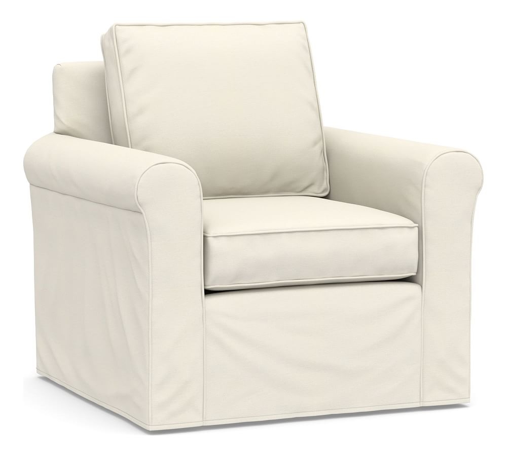 Cameron Roll Arm Slipcovered Swivel Armchair, Polyester Wrapped Cushions, Textured Twill Ivory - Image 0