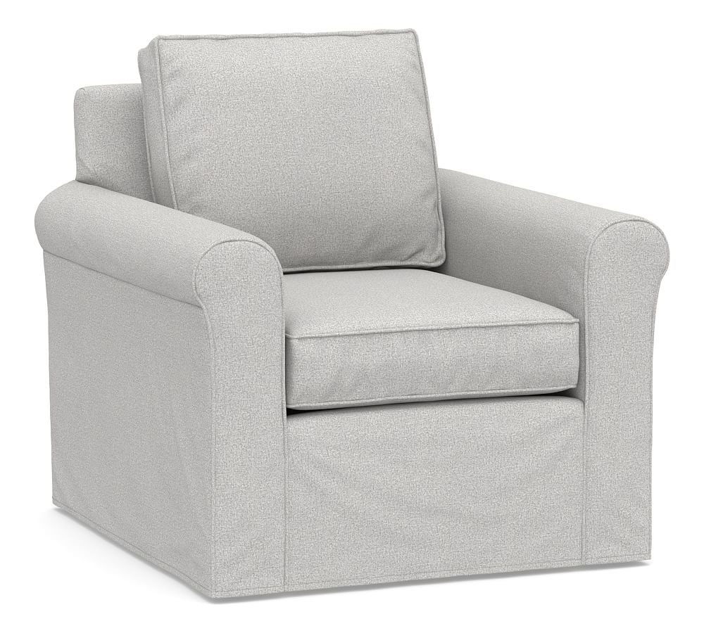 Cameron Roll Arm Slipcovered Deep Seat Swivel Armchair, Polyester Wrapped Cushions, Park Weave Ash - Image 0